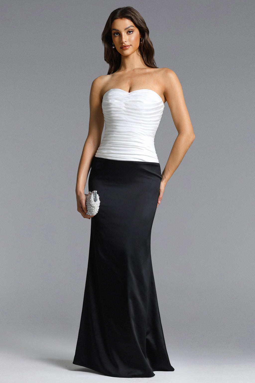 Diona Elegant Contour Strapless Pleated Contrast Satin Maxi Dress	