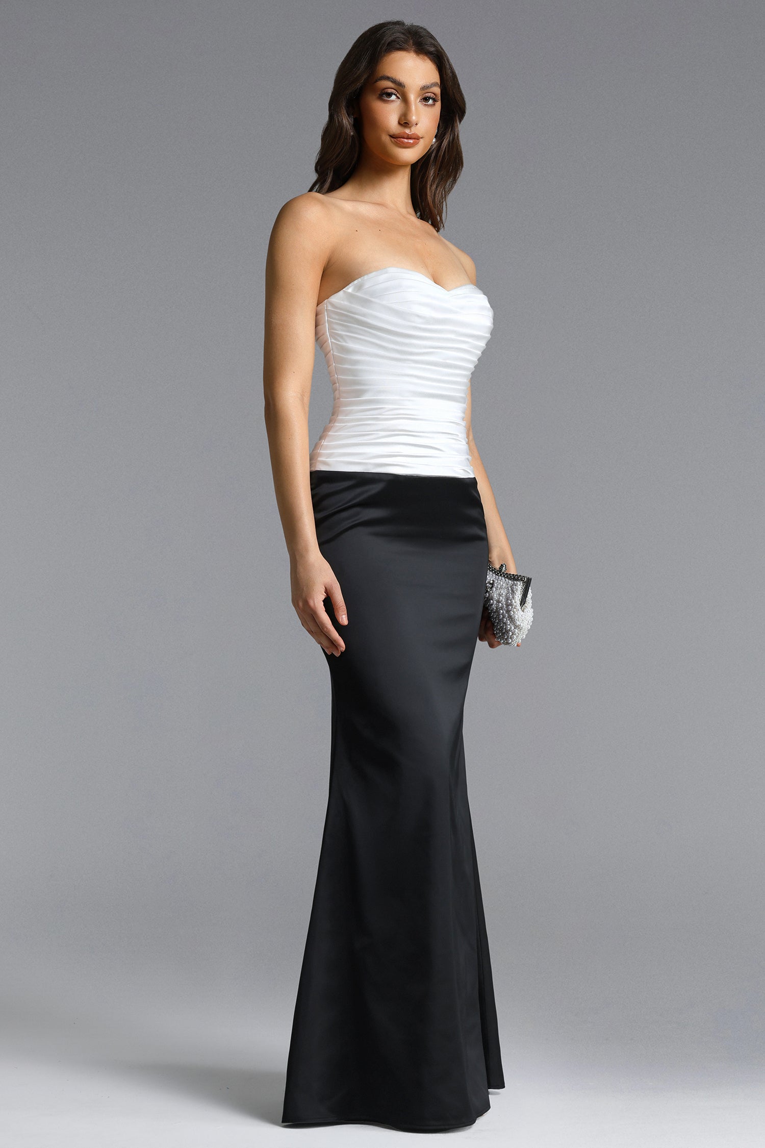 Diona Elegant Contour Strapless Pleated Contrast Satin Maxi Dress	