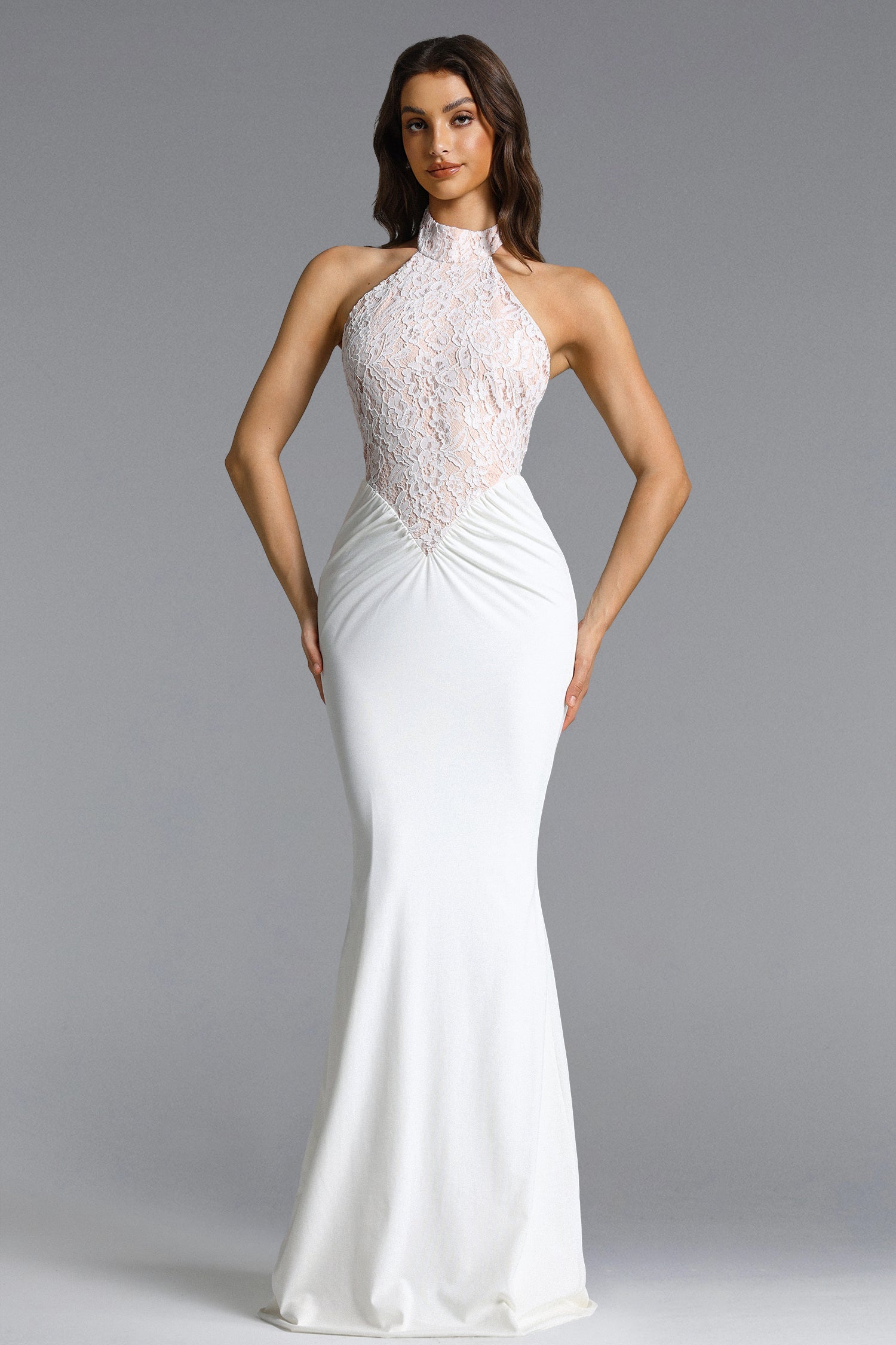 Fahrenheit Elegant Contour Halter Ruched Lace Maxi Dress	