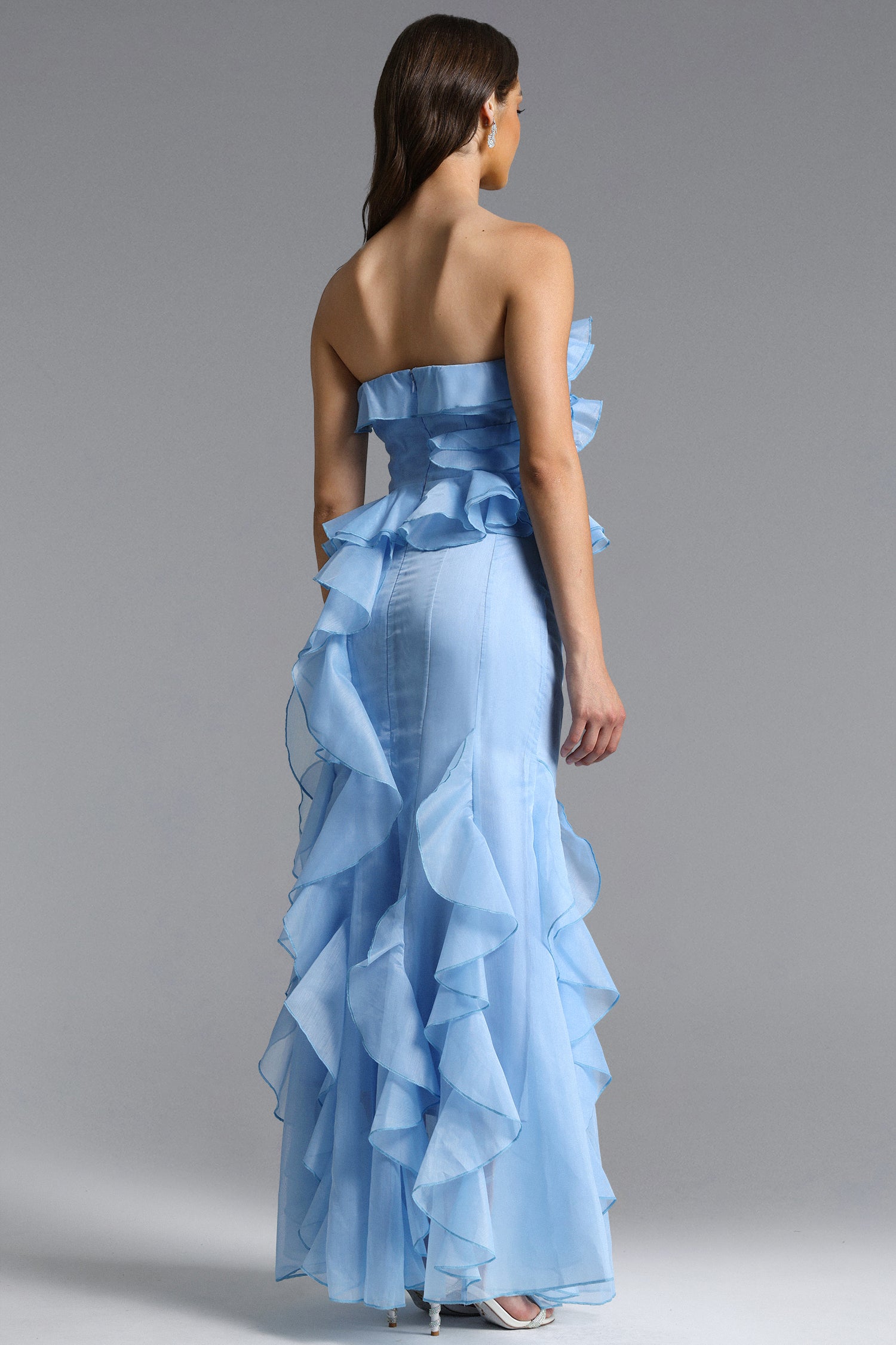 Deirdre Romantic Flowy Strapless Asymmetric Ruffle Floral Maxi Dress	