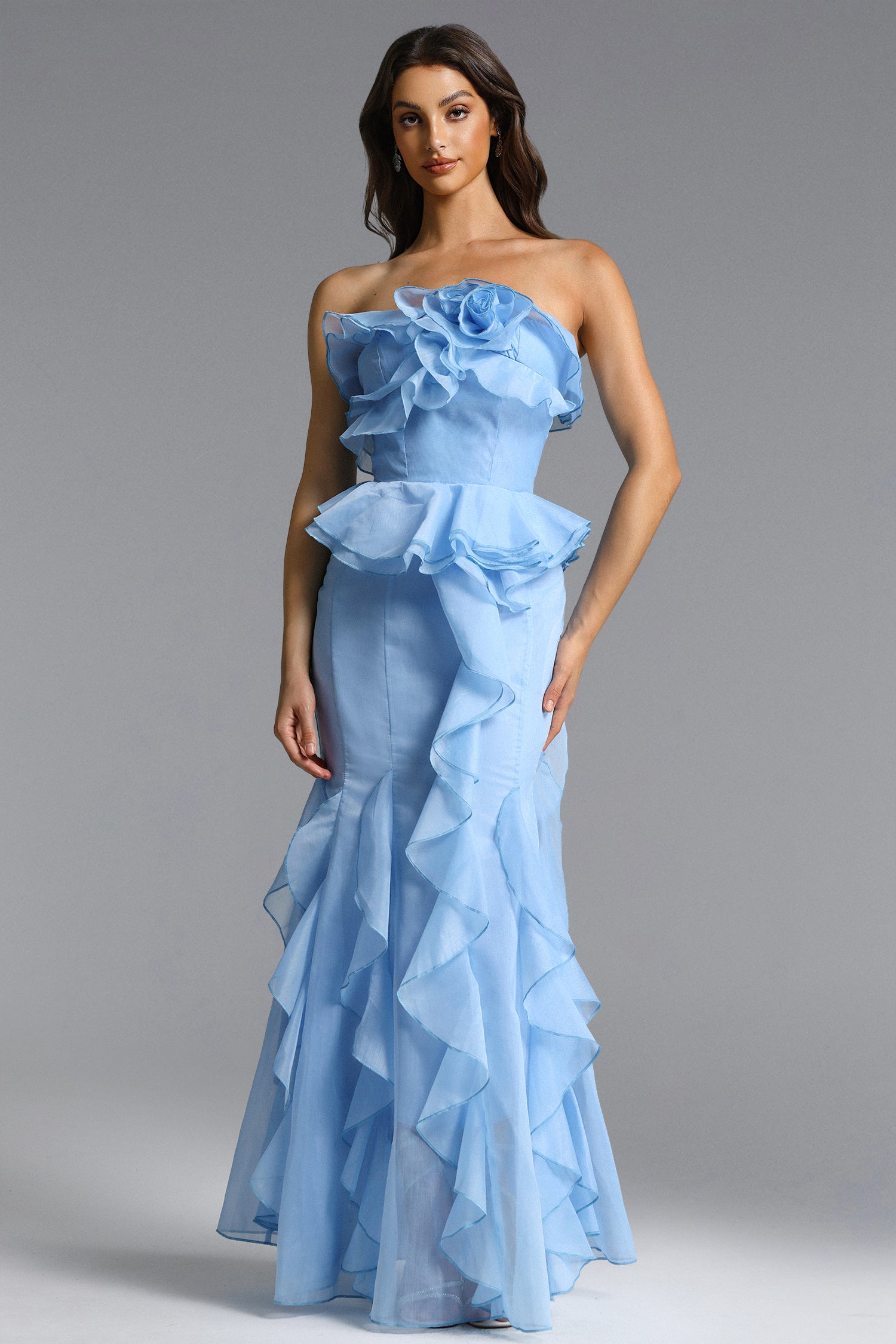 Deirdre Romantic Flowy Strapless Asymmetric Ruffle Floral Maxi Dress	