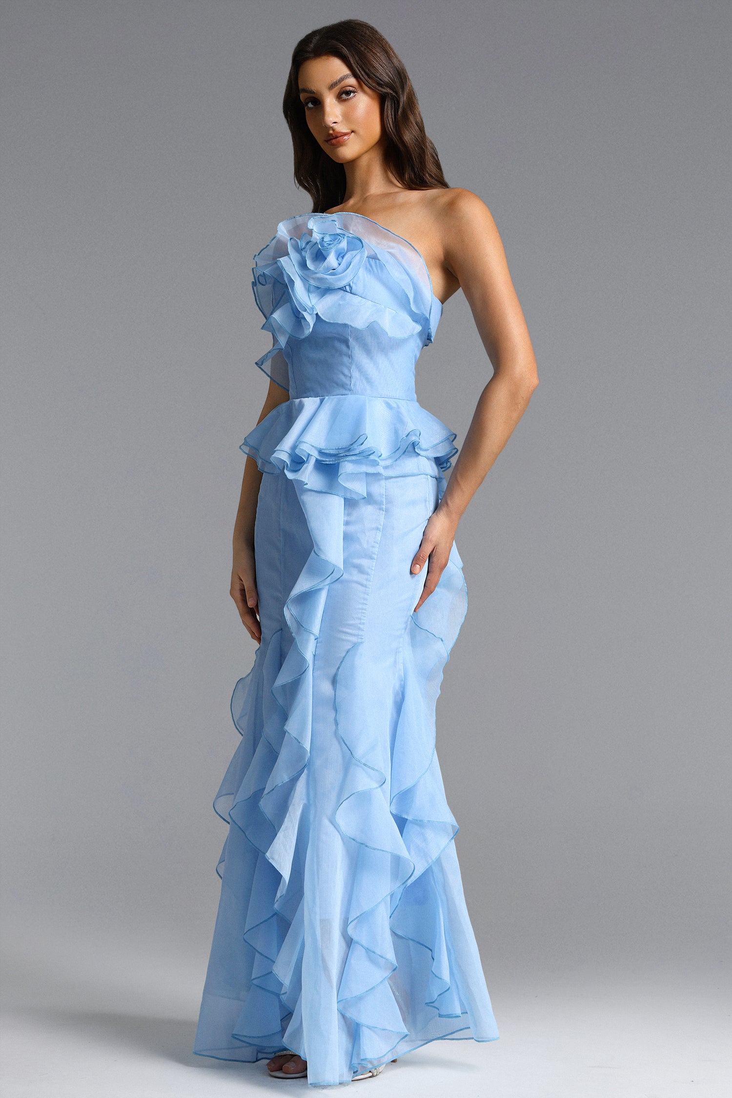 Deirdre Romantic Flowy Strapless Asymmetric Ruffle Floral Maxi Dress	