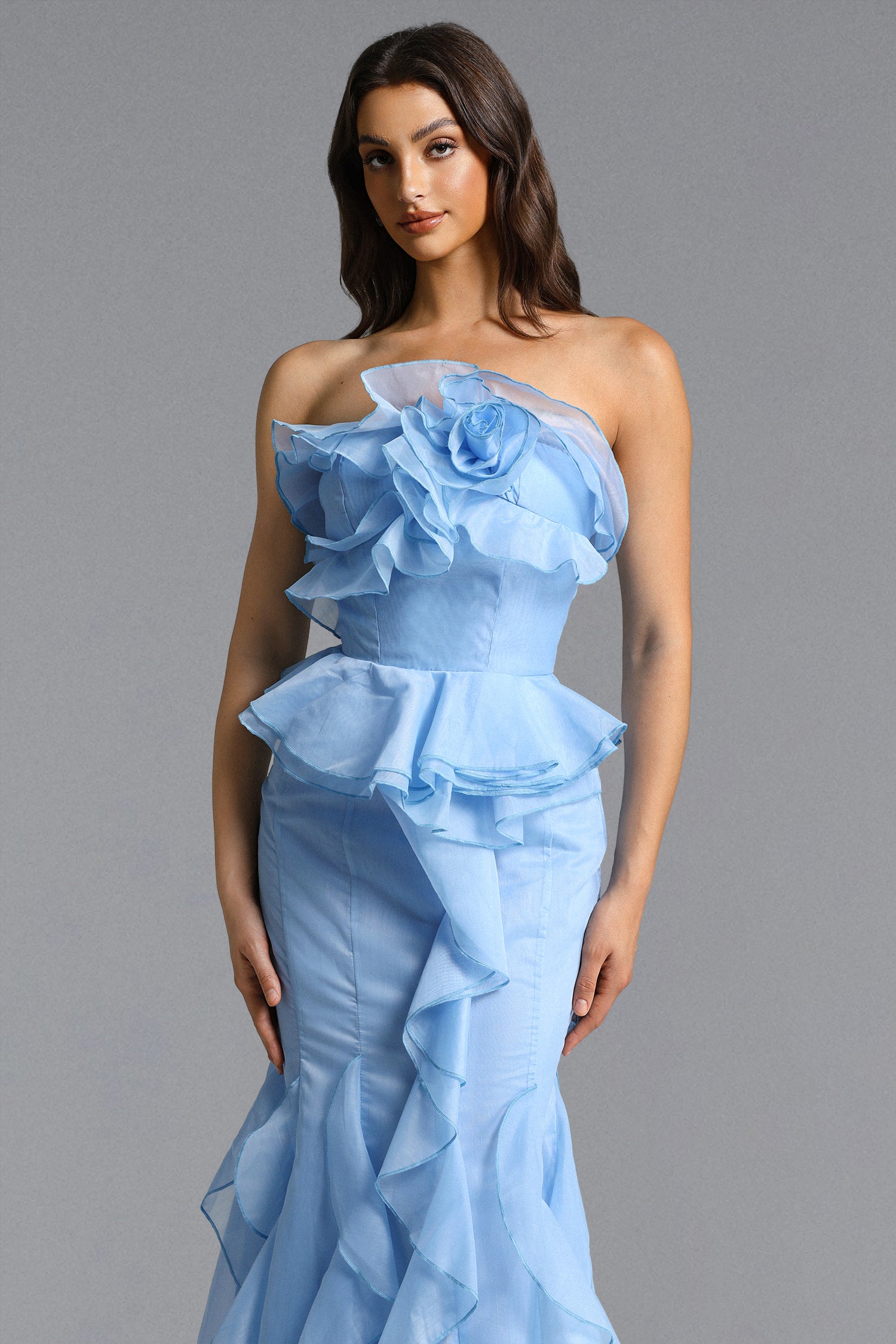 Deirdre Romantic Flowy Strapless Asymmetric Ruffle Floral Maxi Dress	