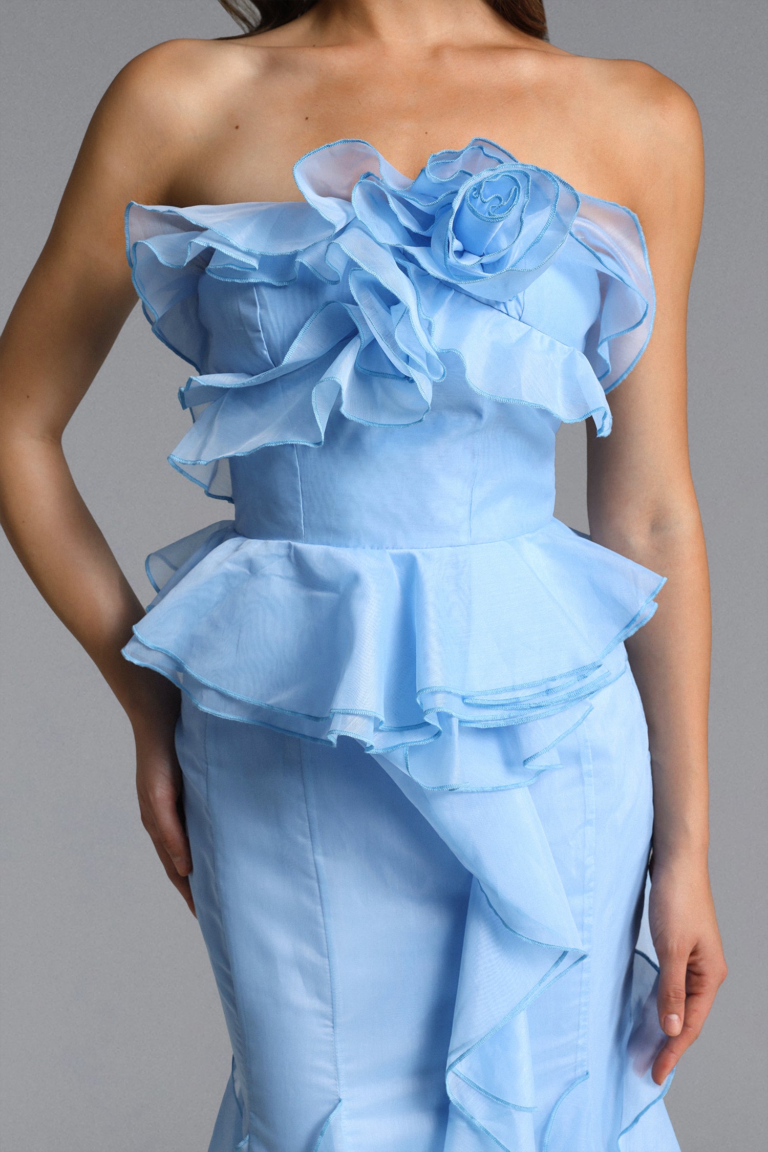 Deirdre Romantic Flowy Strapless Asymmetric Ruffle Floral Maxi Dress	