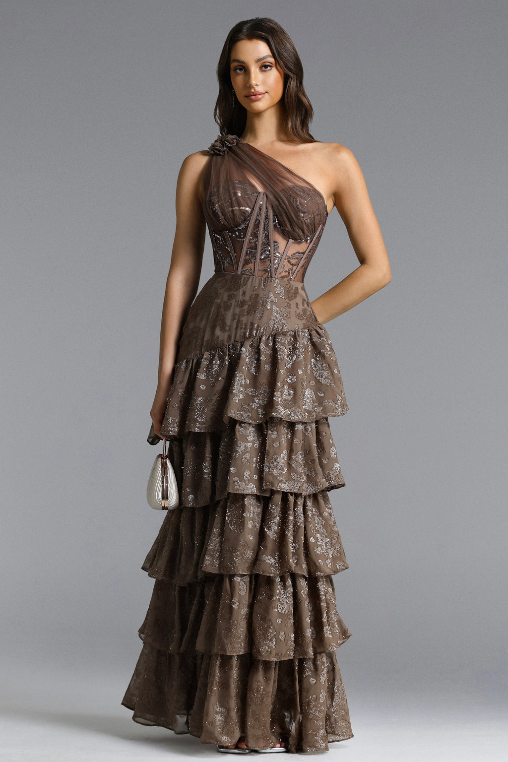 Hedar Romantic Tailored One Shoulder Cut Out Ruffle Embellished Sequin Maxi Dress	