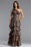 Hedar Romantic Tailored One Shoulder Cut Out Ruffle Embellished Sequin Maxi Dress	