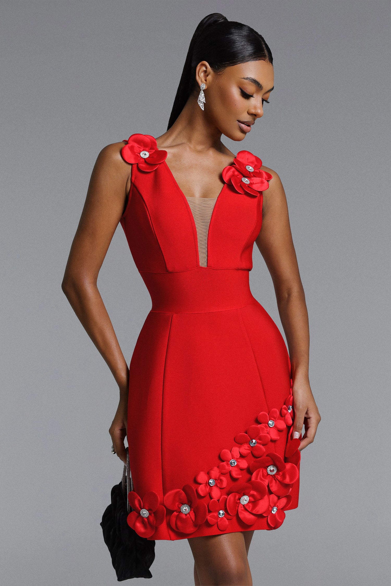 Juyce Romantic Contour Deep V Floral Bandage Mini Dress	