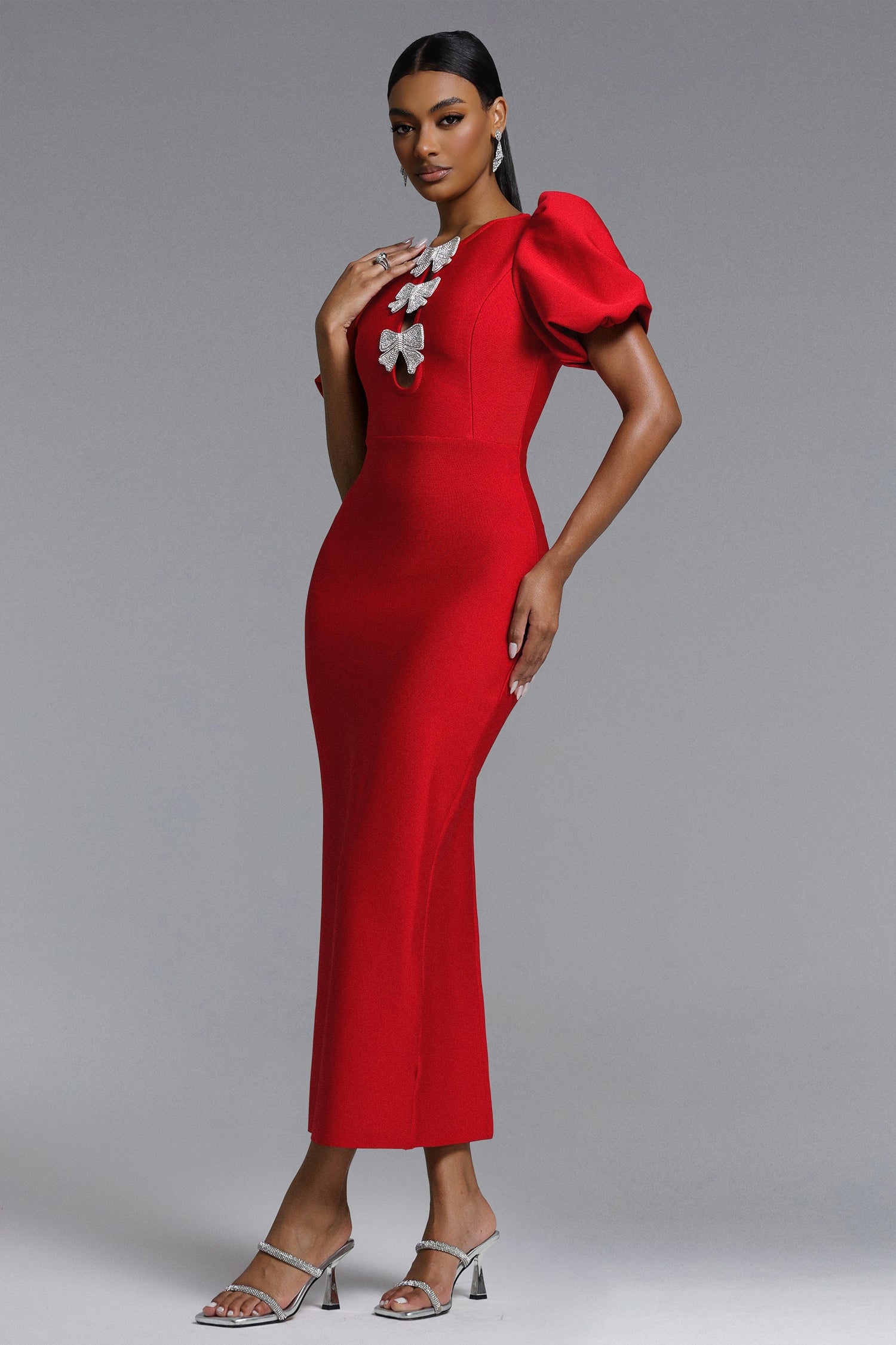 Lazze Romantic Contour Puff Sleeve Bow Bandage Maxi Dress	