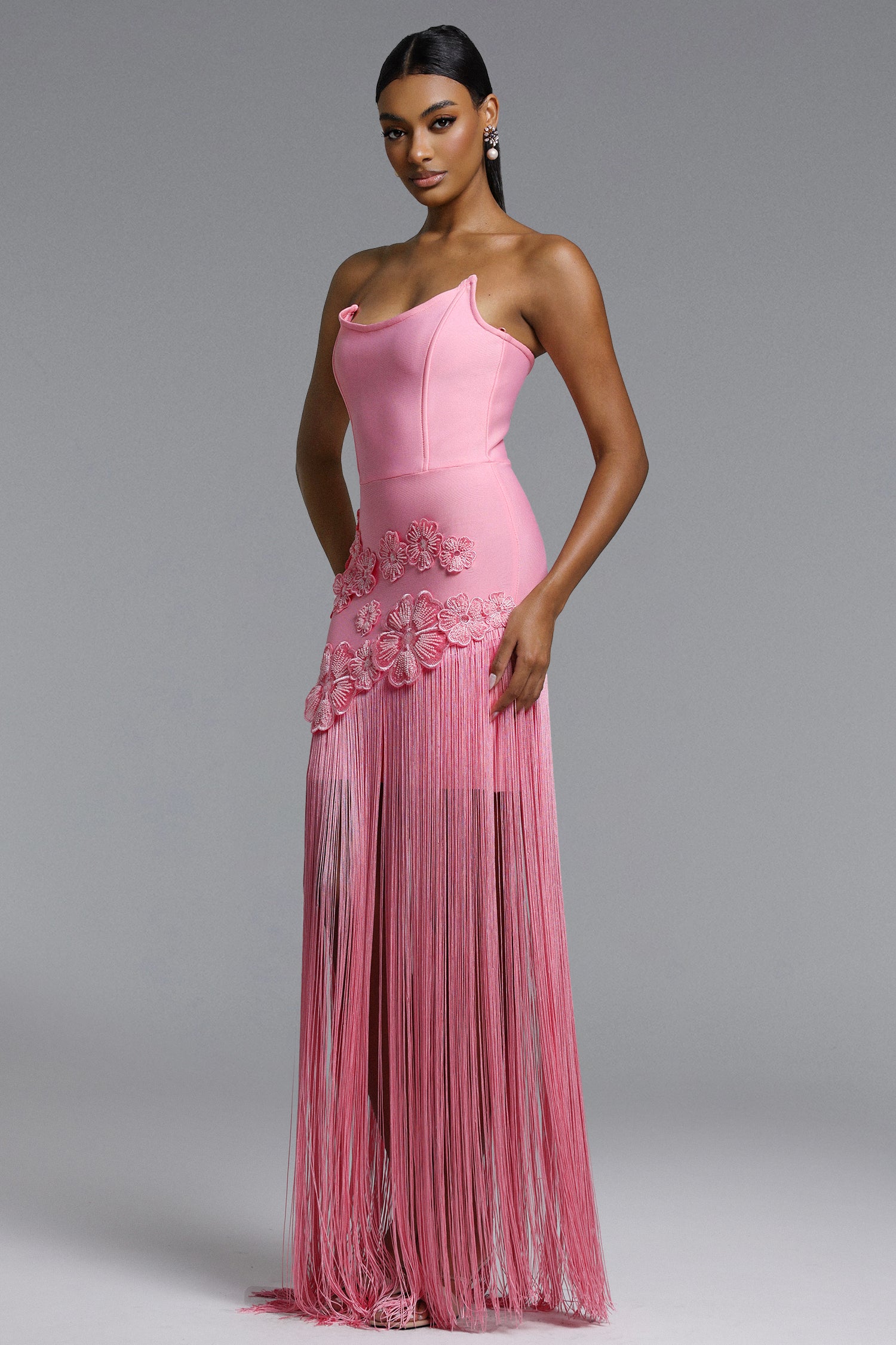 Ezgi Chic Contour Strapless Floral Fringe Bandage Maxi Dress	