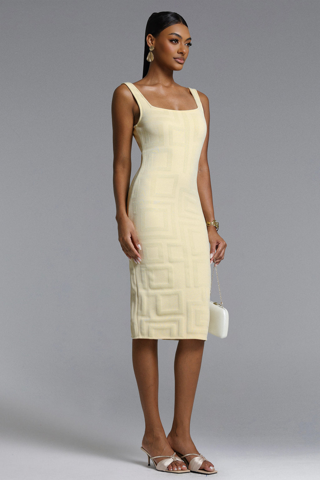 Vilina Elegant Contour Square Pattern Bandage Midi Dress	