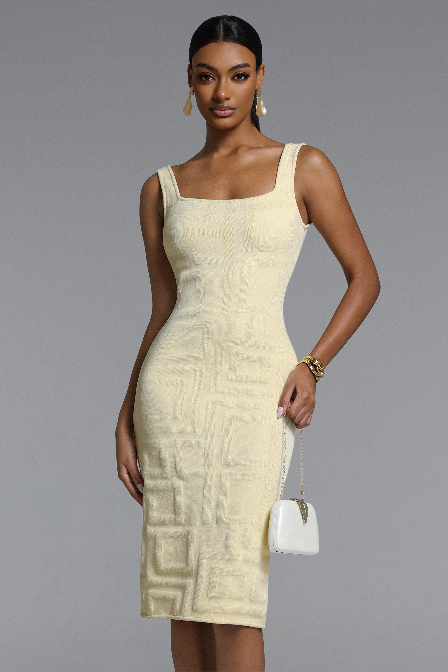 Vilina Elegant Contour Square Pattern Bandage Midi Dress	