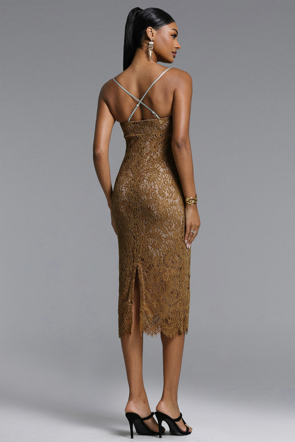 Gricely Elegant Contour Sleeveless Ruched Lace Midi Dress	