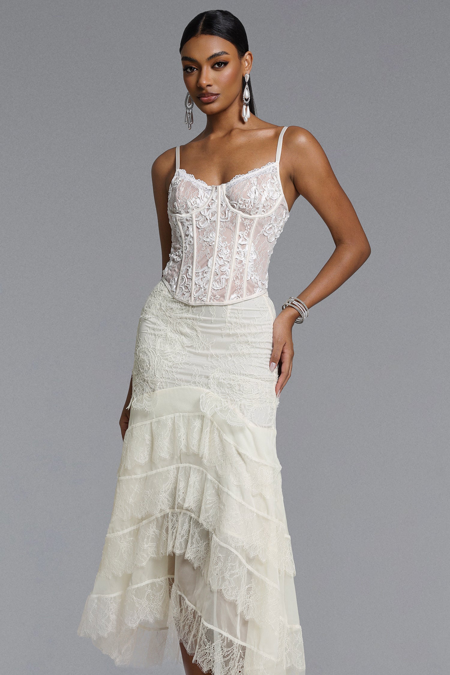 Delilah Romantic Flowy Ruffle Lace Maxi Skirt	