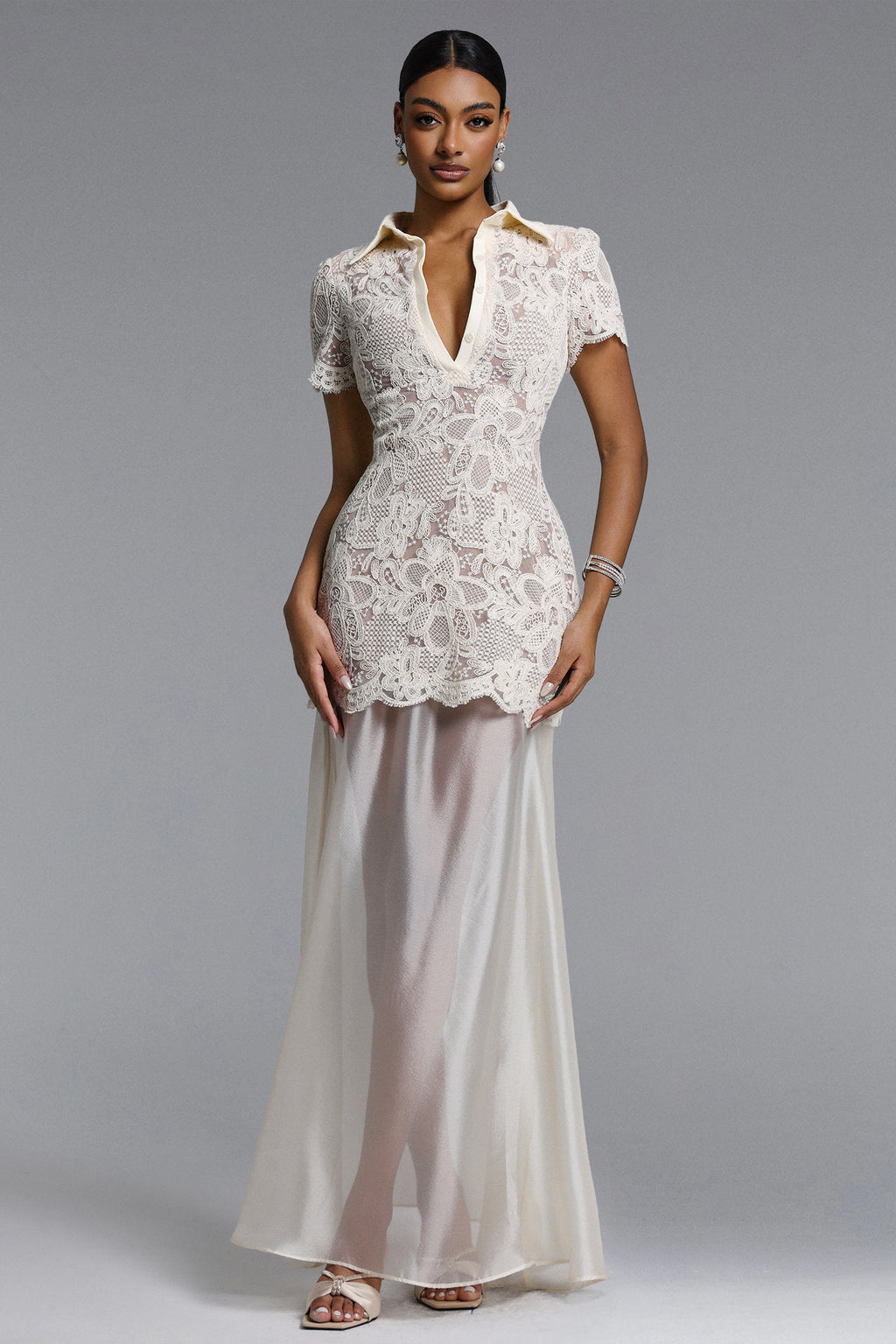 Locia Elegant Contour Buttoned Short Sleeve Lace Top and Satin Skirt	