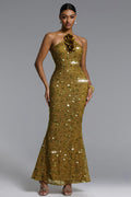 Liza Elegant Contour Halter Floral Sequin Maxi Dress	