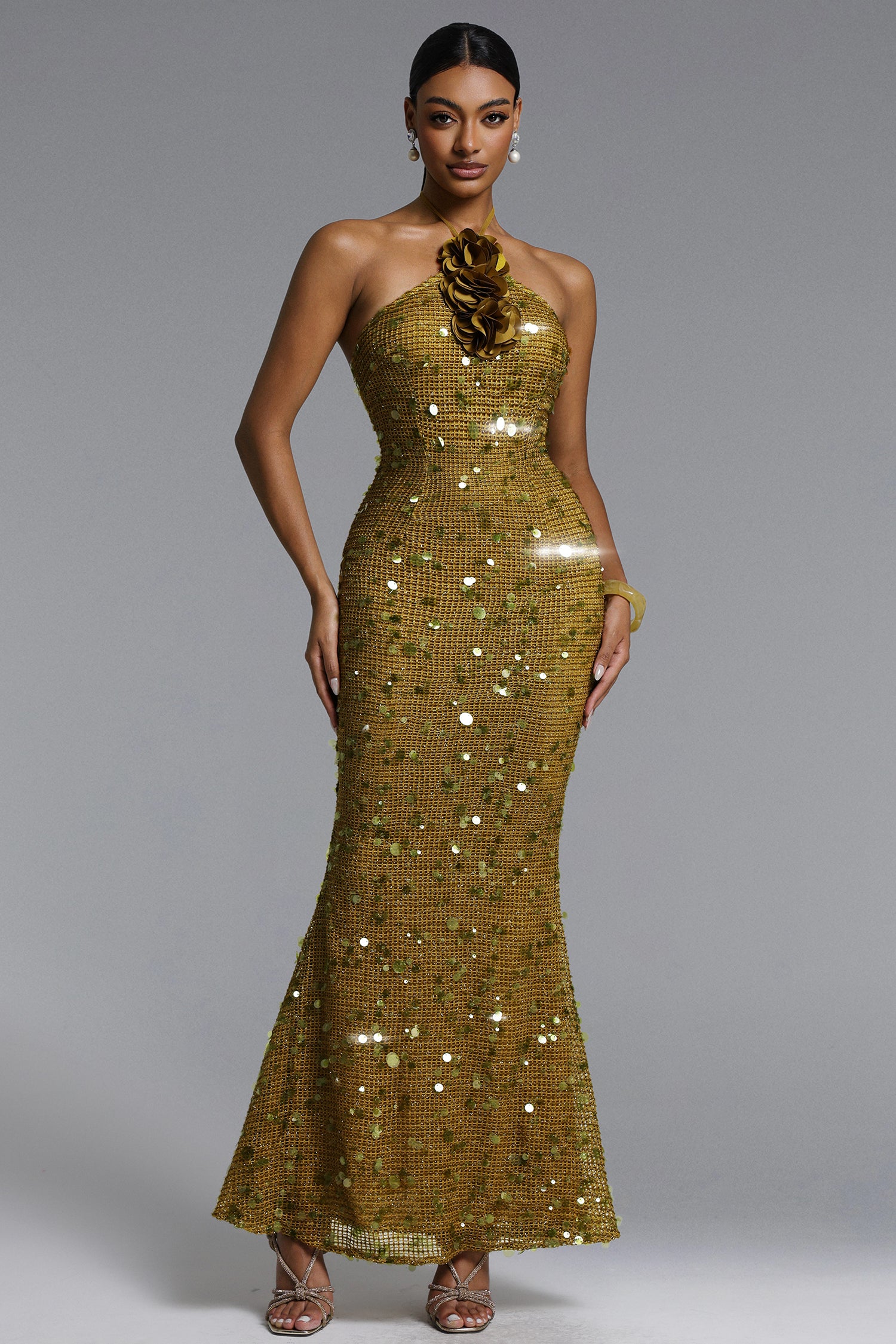 Liza Elegant Contour Halter Floral Sequin Maxi Dress	