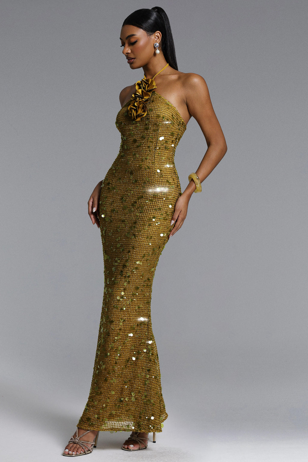 Liza Elegant Contour Halter Floral Sequin Maxi Dress	