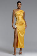 Marcella Chic Contour Asymmetrical Pleated Satin Maxi Dress	