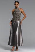 Sharian Chic Contour Halter Ruched Satin Top and Skirt Set	