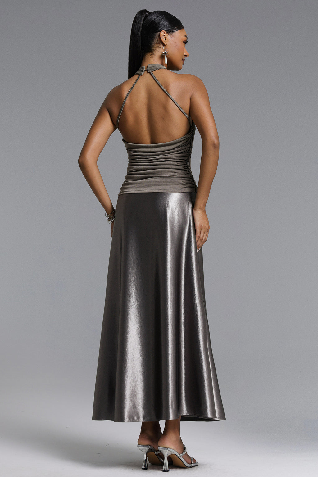 Sharian Chic Contour Halter Ruched Satin Top and Skirt Set	