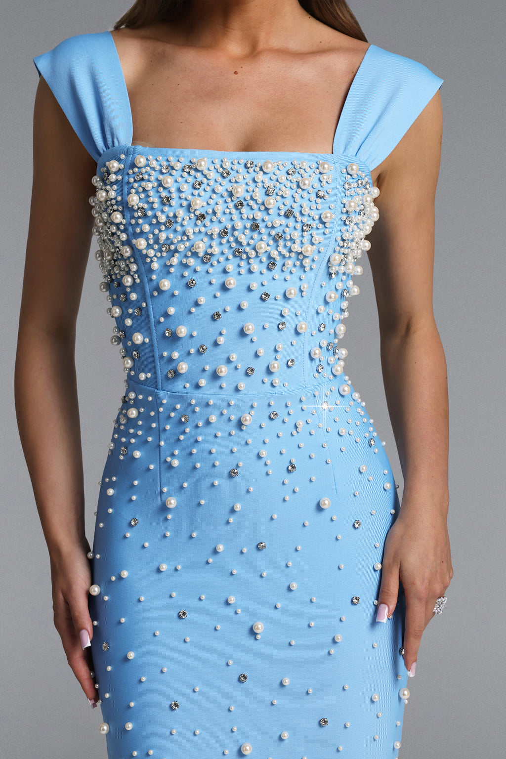 Vafa Glamorous Contour Square Neck Pearl Rhinestone Bandage Maxi Dress	