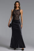 Yeil Sexy Contour Sleeveless Pleated Lace Satin Maxi Dress	