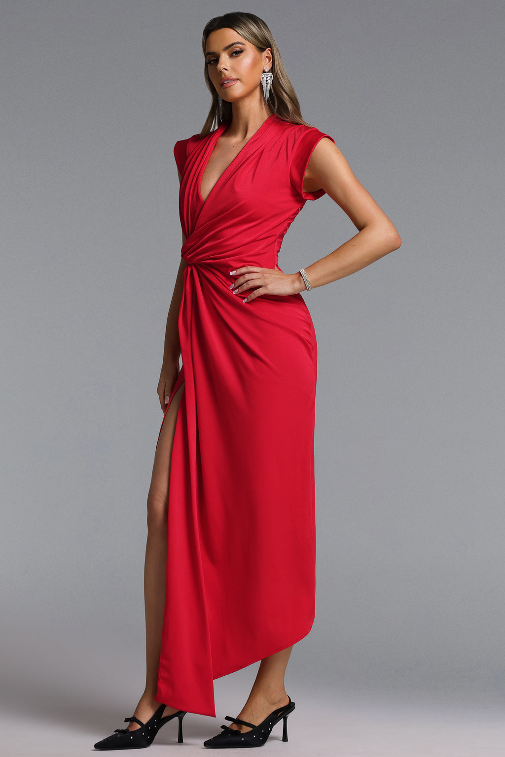 Elin Chic Contour V Neck Twisted High Slit Knit Maxi Dress	