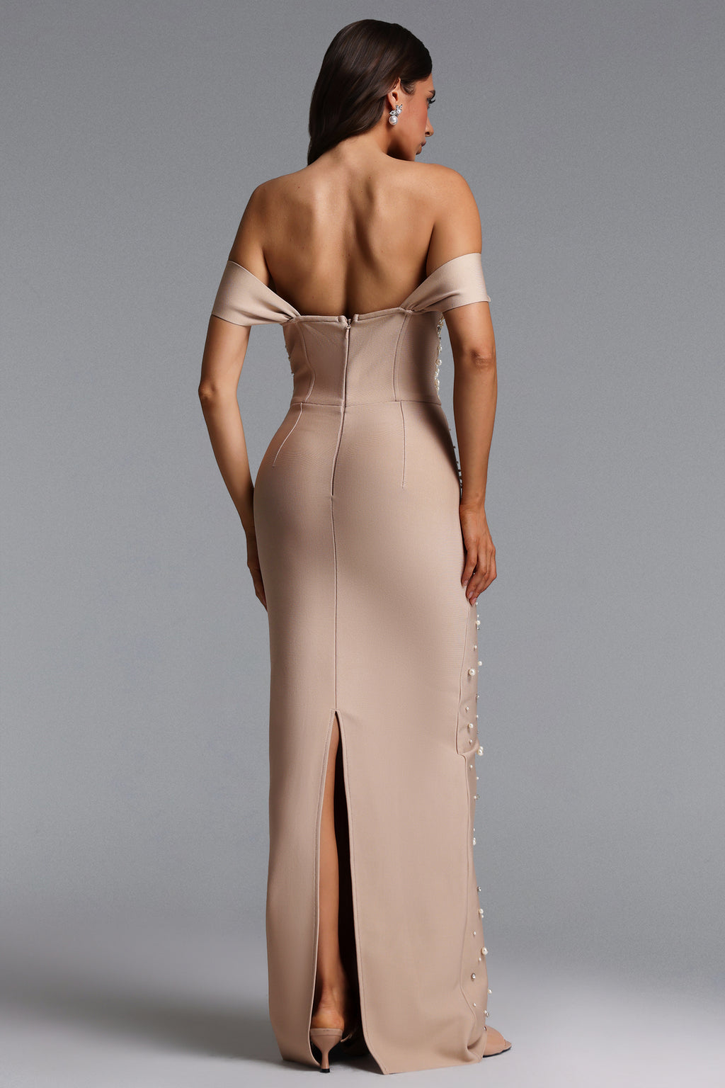 Jaylee Glamorous Off Shoulder Pearl Rhinestone Bandage Maxi Dress	