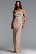 Jaylee Glamorous Off Shoulder Pearl Rhinestone Bandage Maxi Dress	