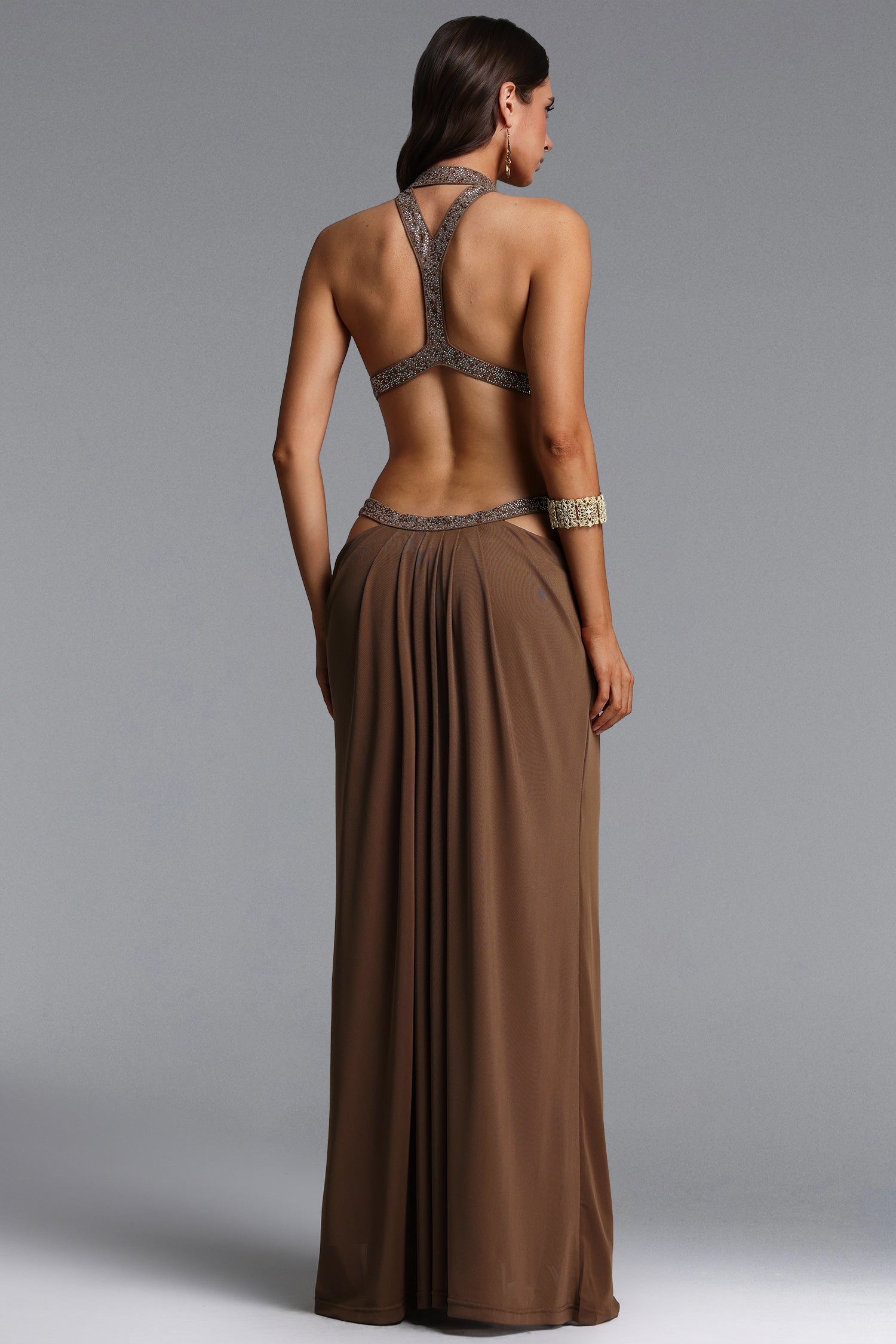 Elaia Sexy Flowy Halter Ruched Cut Out Brown Maxi Dress	
