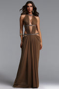 Elaia Sexy Flowy Halter Ruched Cut Out Brown Maxi Dress	