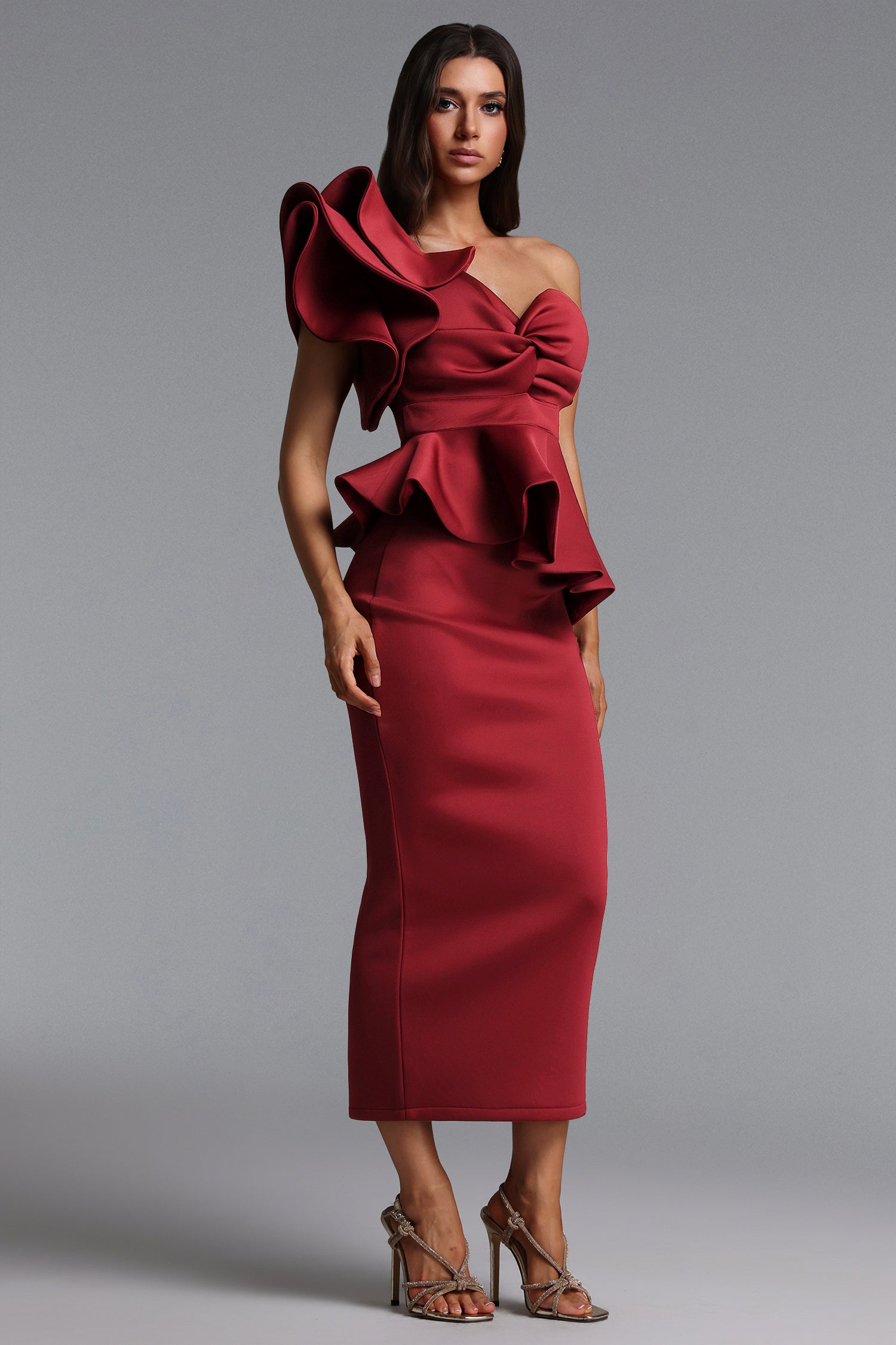 Luysa One Shoulder Asymmetry Red Midi Set	