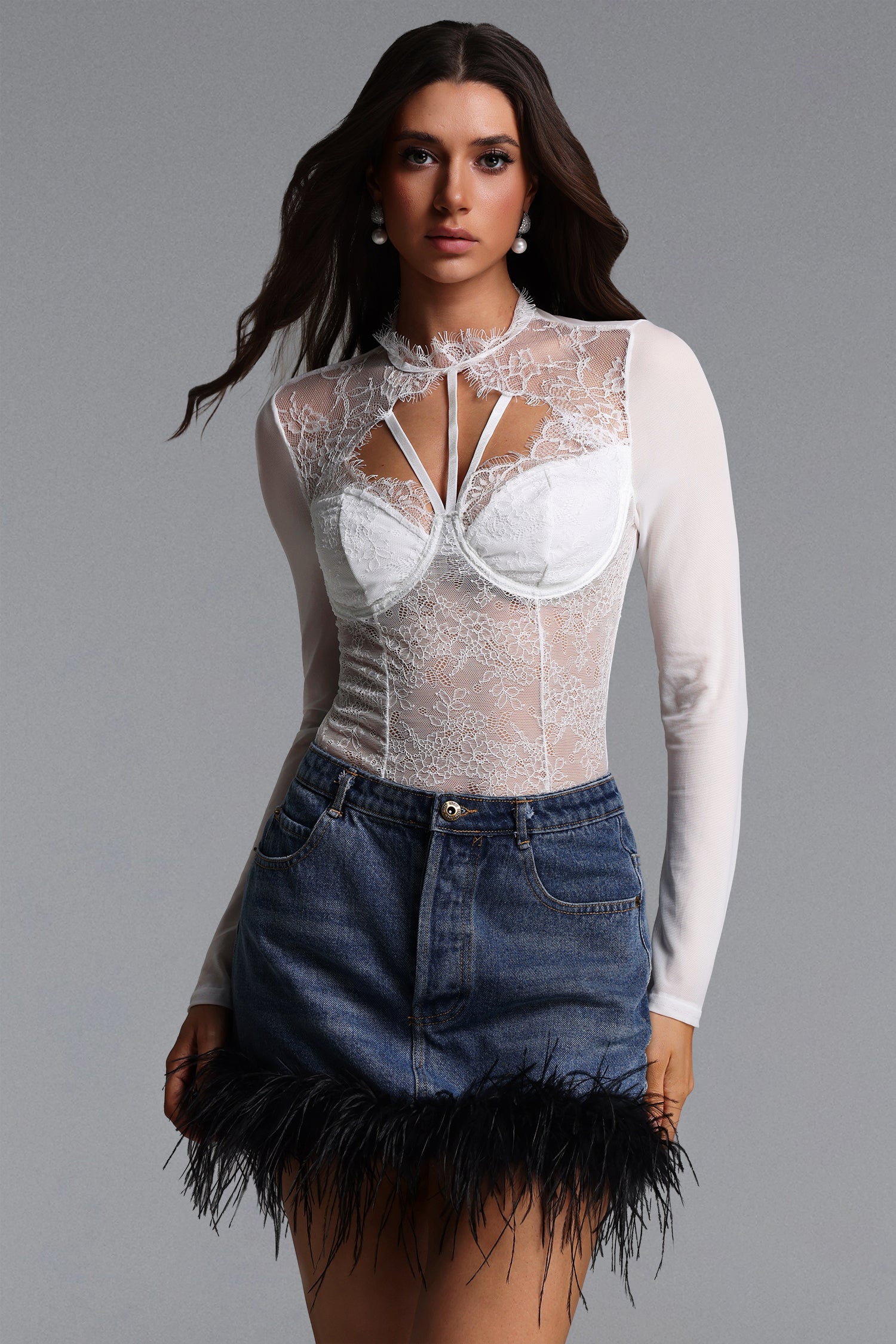 Hatsie Lace Long Sleeve White Jumpsuit	