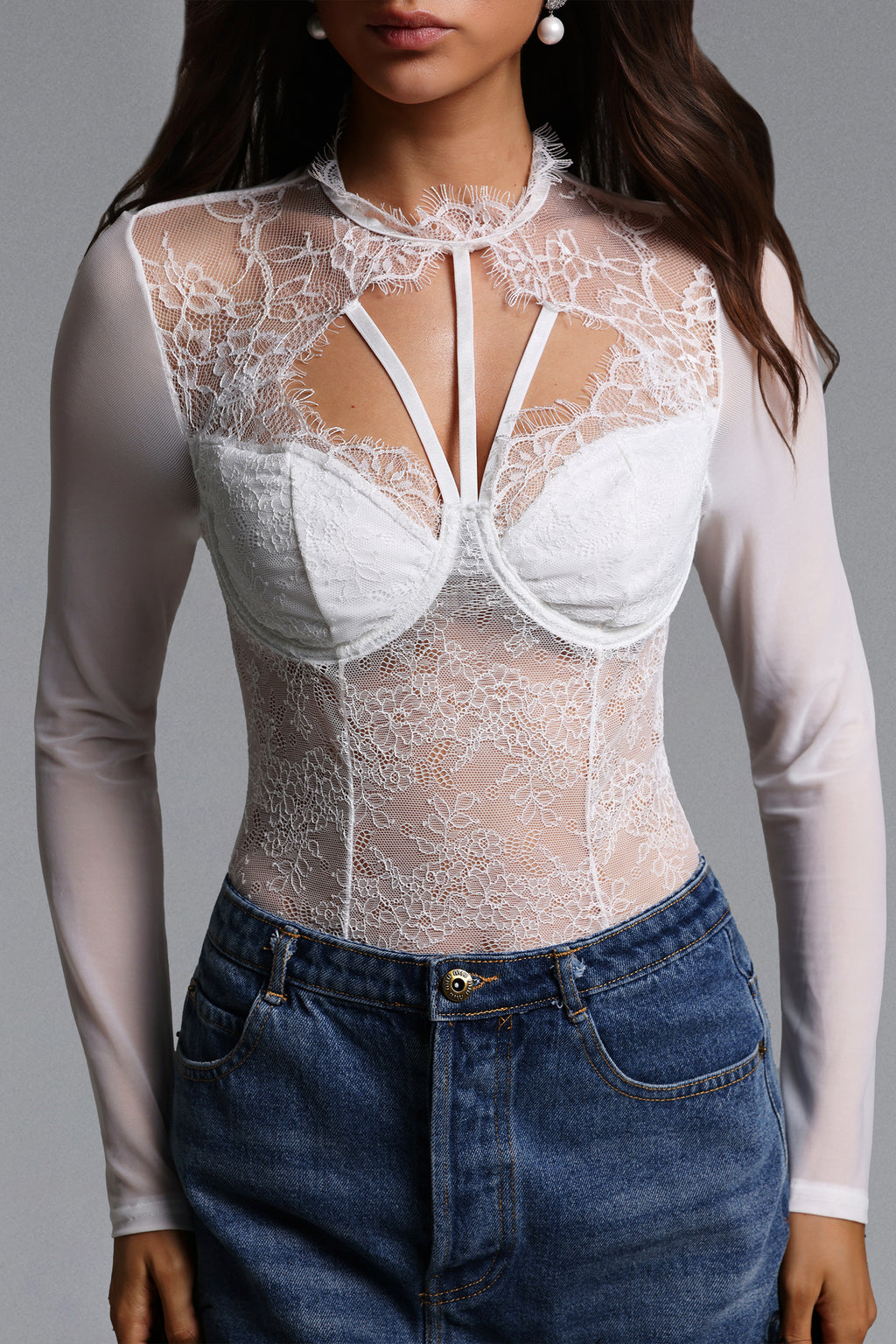 Hatsie Lace Long Sleeve White Jumpsuit	