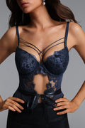 Endora Sexy Contour Cut Out Bow Lace Blue Bodysuit	