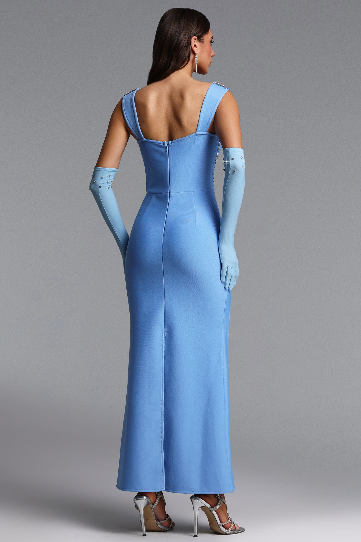 Nellie Glamorous Contour Rhinestone High Slit Bandage Maxi Dress	