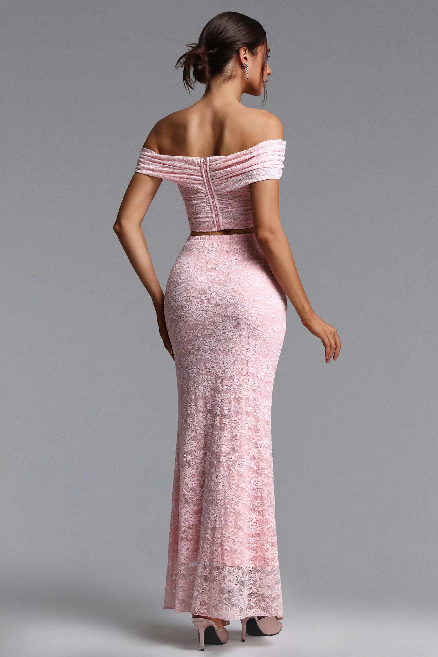 Isabeau Romantic Contour Off Shoulder Cut Out Ruched Lace Top and Skirt Set	