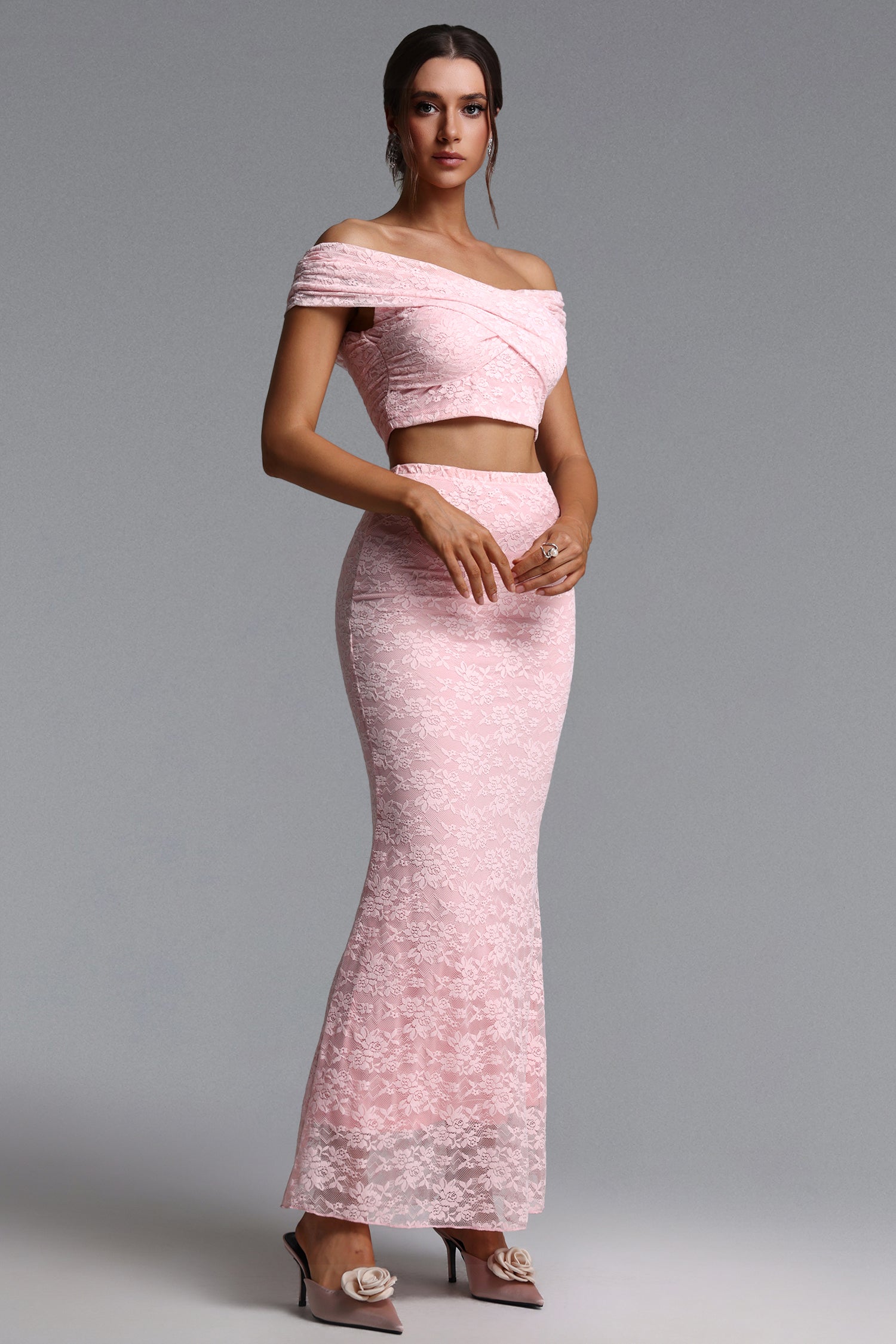 Isabeau Romantic Contour Off Shoulder Cut Out Ruched Lace Top and Skirt Set	
