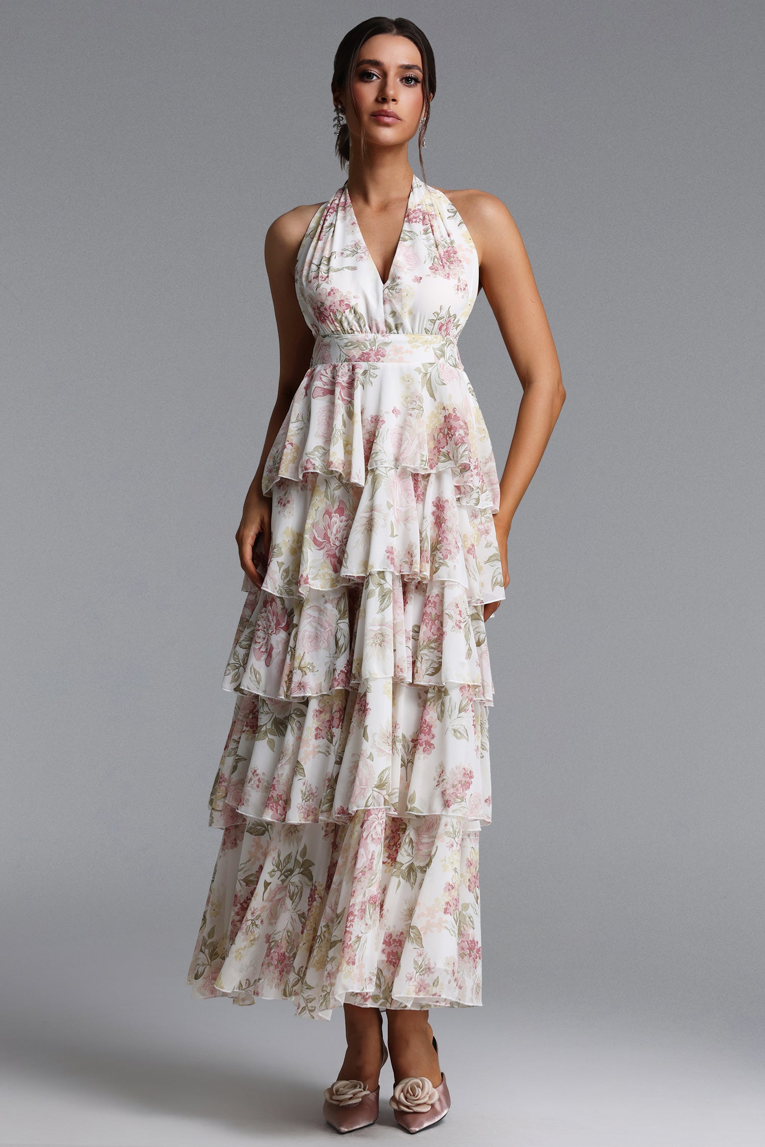 Silas Romantic Flowy Halter Deep V Tiered Ruffle Floral Print Maxi Dress	