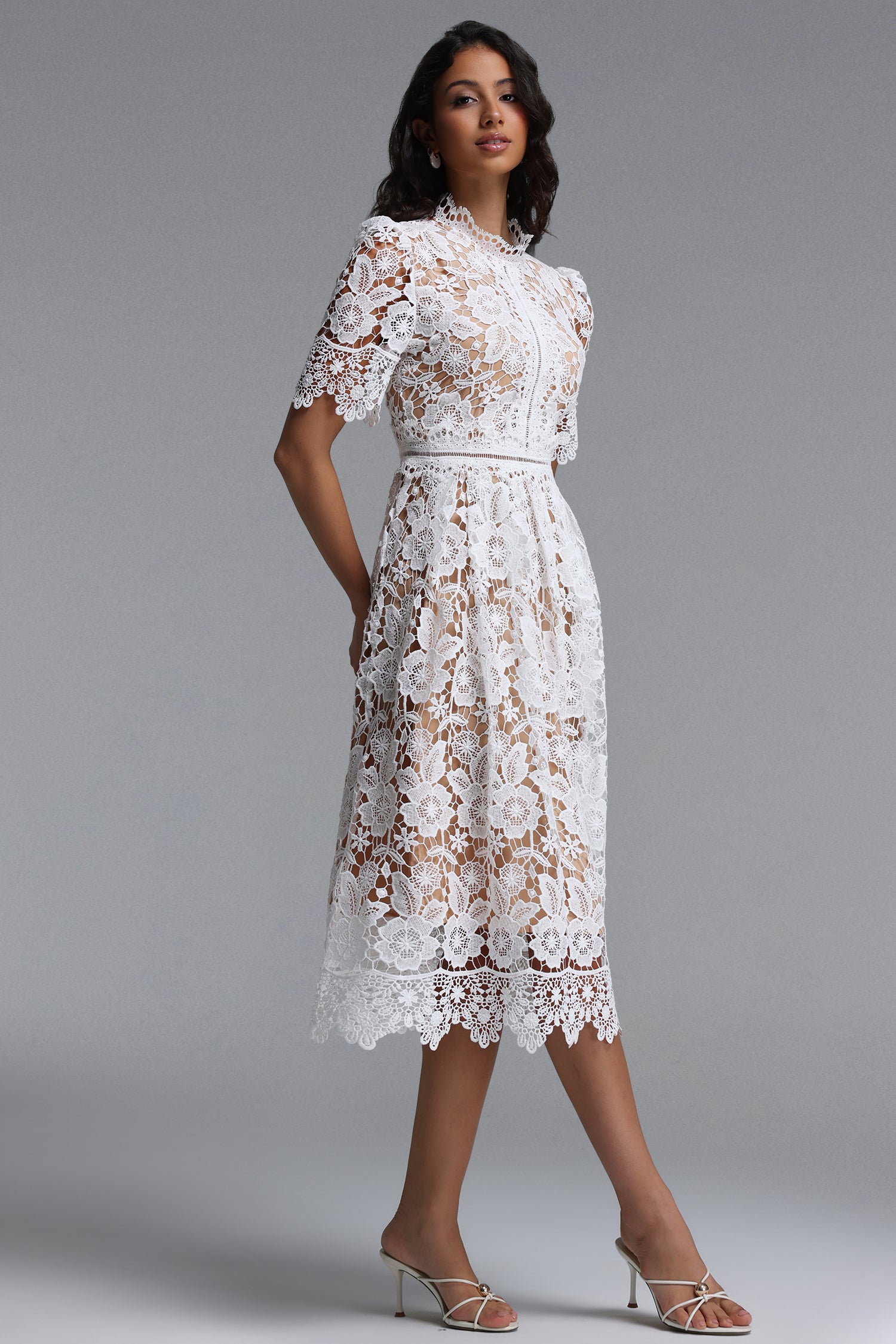 Valema Resort Flowy Short Sleeve Floral Lace Midi Dress