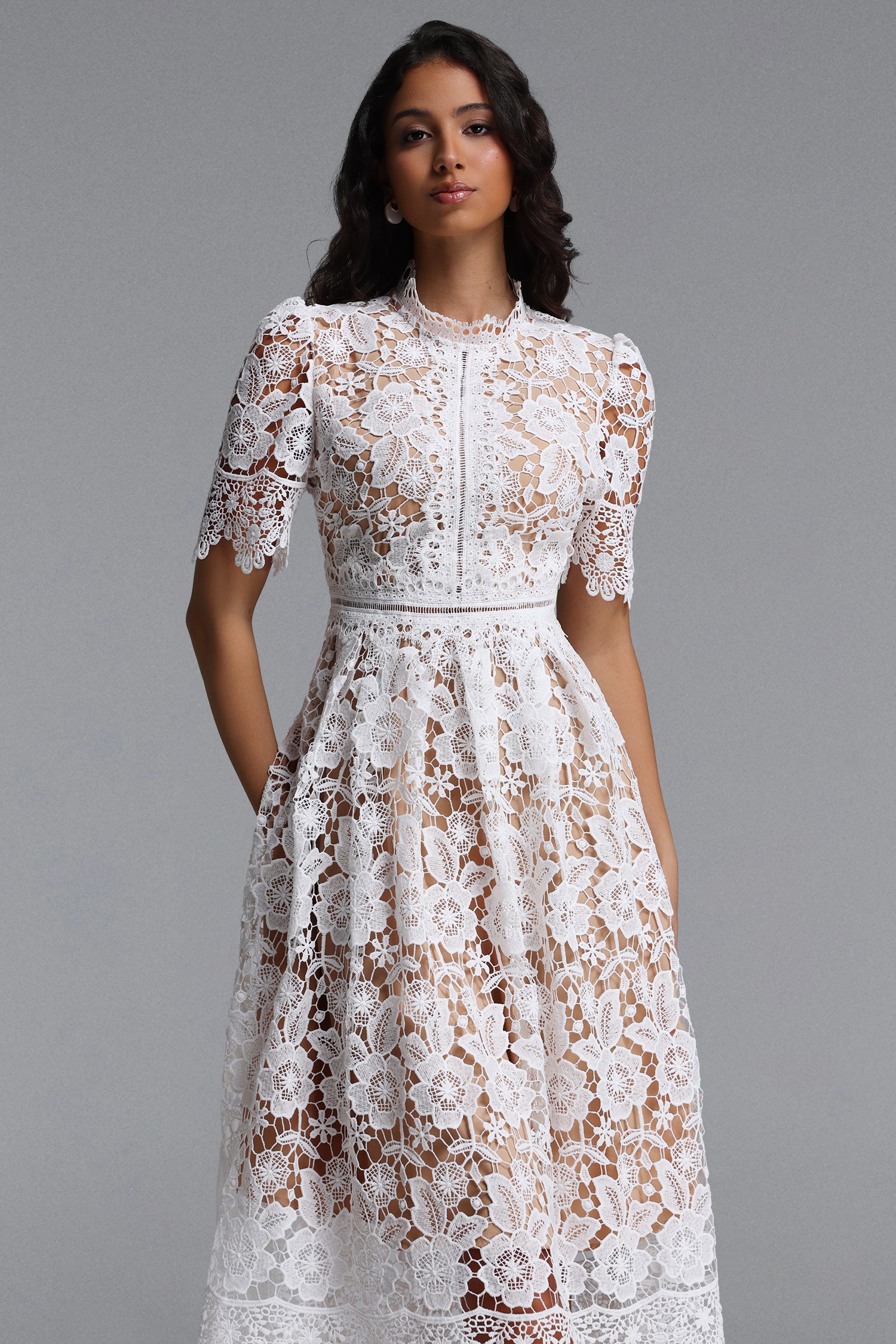 Valema Resort Flowy Short Sleeve Floral Lace Midi Dress