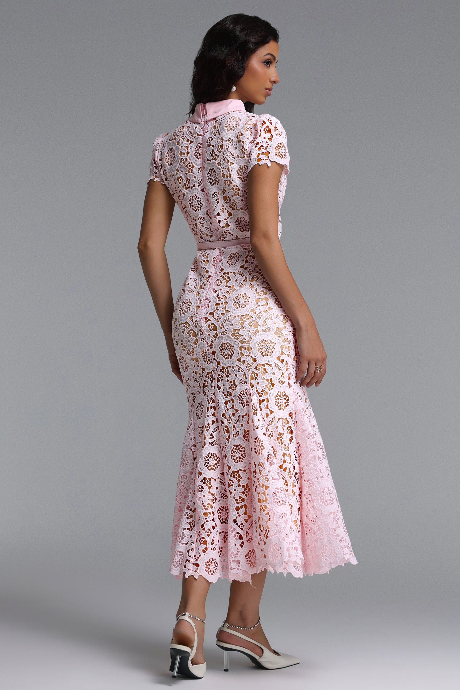 Felix Elegant Cinched Short Sleeve Floral Lace Maxi Dress	