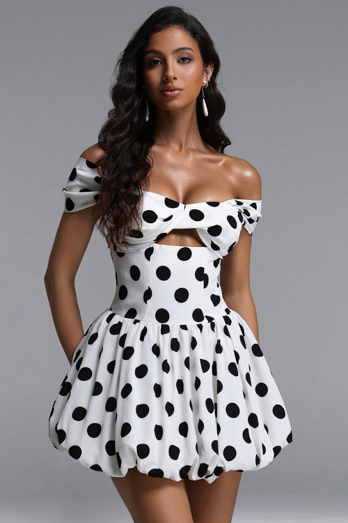 Fabiola Classic Tailored Off Shoulder Cut Out Ruched Polka Dot Woven Mini Dress	