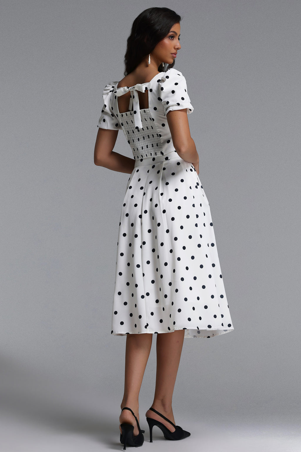 Islay Resort Flowy Puff Sleeve Polka Dot Ruched Woven Top and Skirt Two Piece Set	