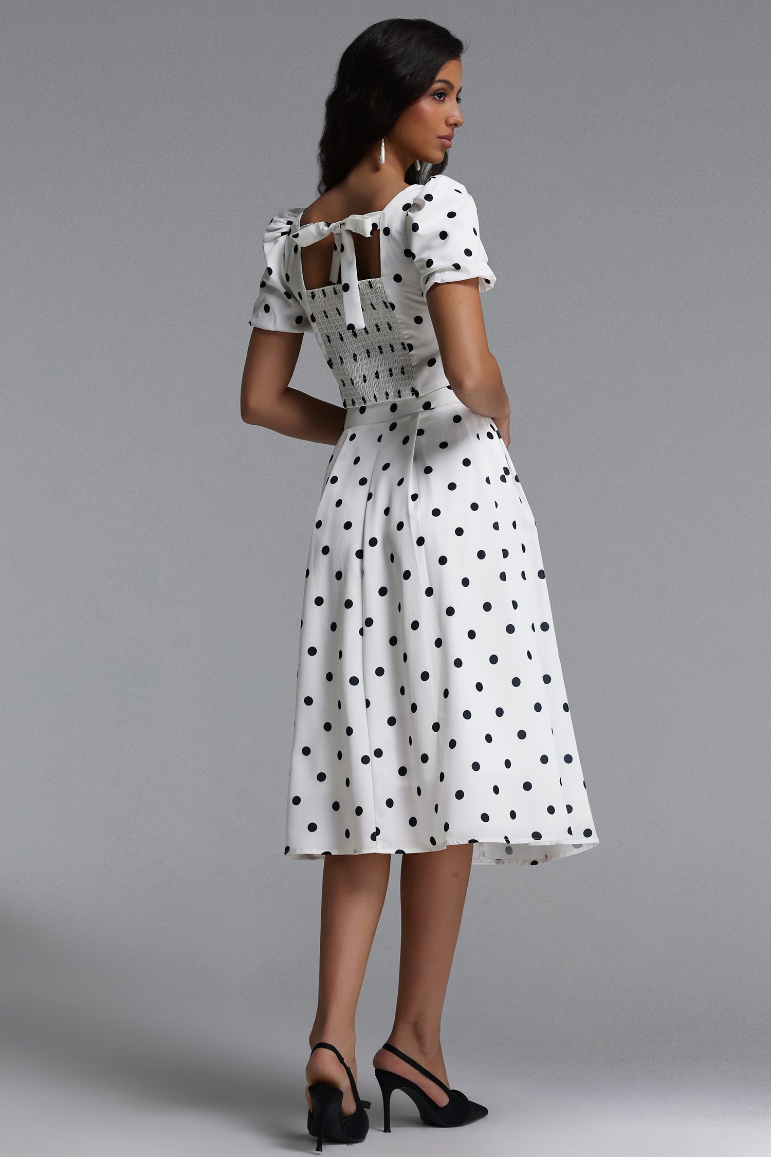 Islay Resort Flowy Puff Sleeve Polka Dot Ruched Woven Top and Skirt Two Piece Set	