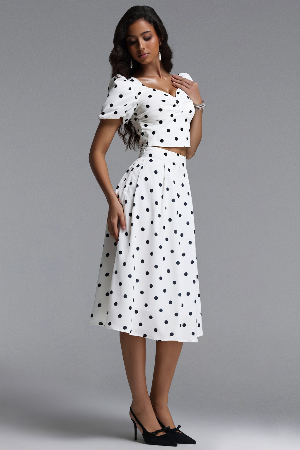 Islay Resort Flowy Puff Sleeve Polka Dot Ruched Woven Top and Skirt Two Piece Set	