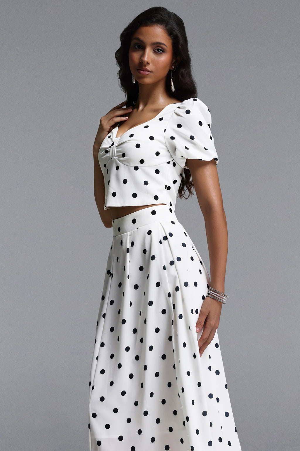 Islay Resort Flowy Puff Sleeve Polka Dot Ruched Woven Top and Skirt Two Piece Set	