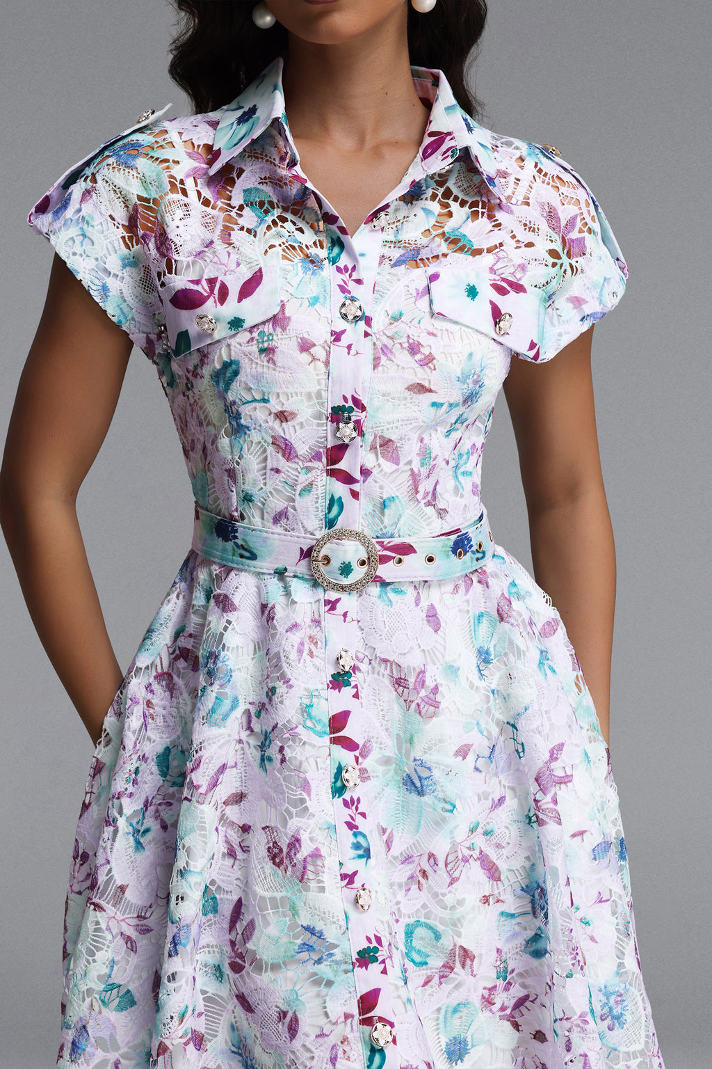 torill Resort Cinched Short Sleeve Floral Print Lace Mini Dress	