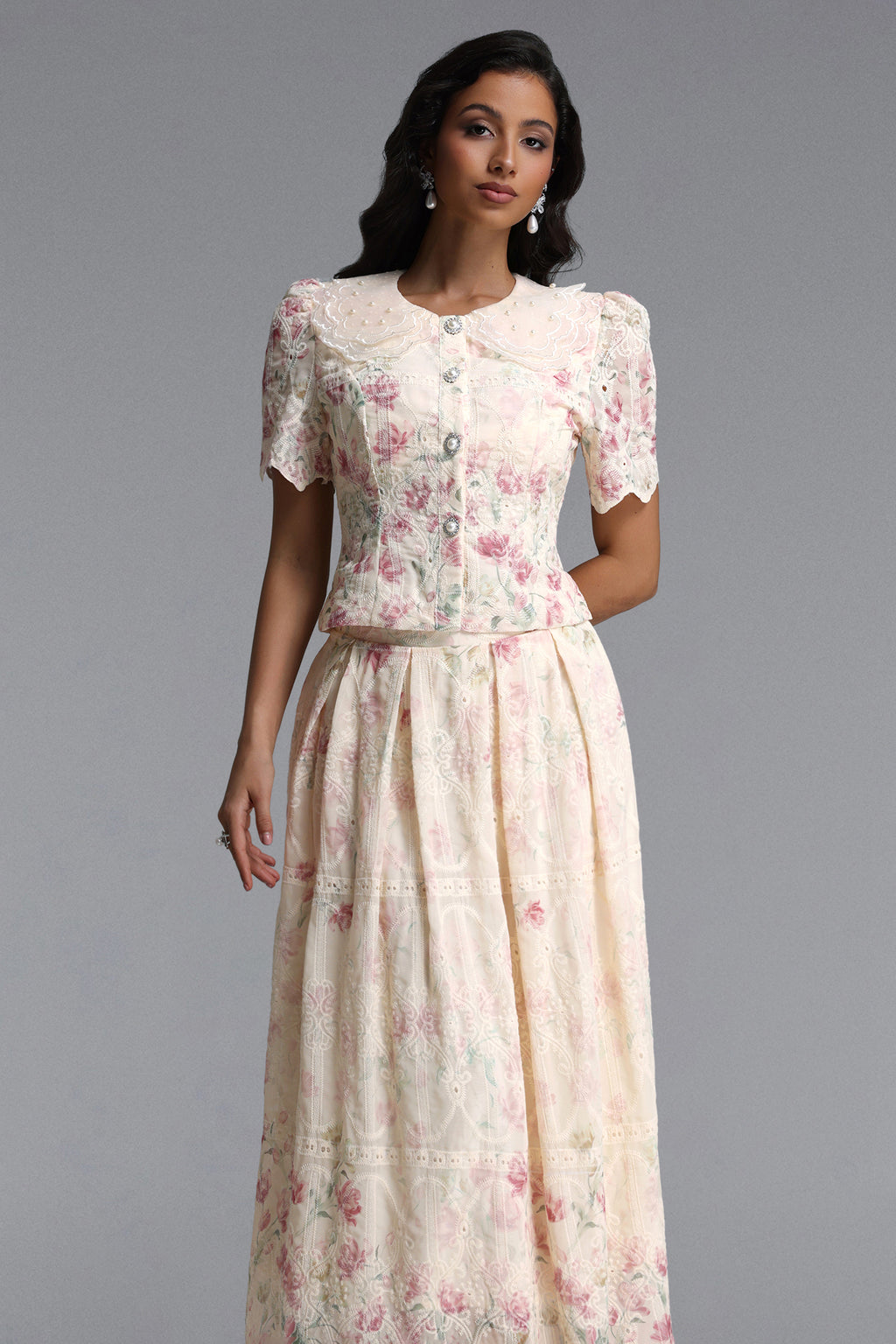 Ignacia Romantic Flowy Short Sleeve Floral Print Embroidered Woven Top and Skirt Two Piece Set	