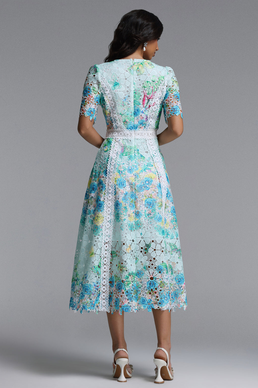 Pillose Resort Cinched Round Neck Short Sleeve Floral Print Lace Green Maxi Dress	